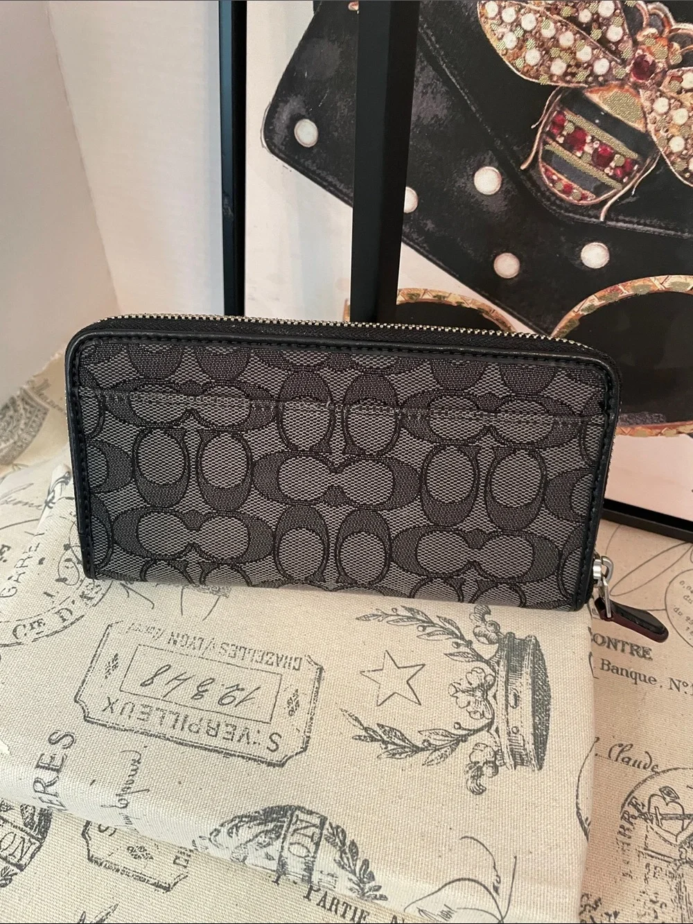 Coach Black and Gray Signature Zip Wallet - Picture 6 of 16